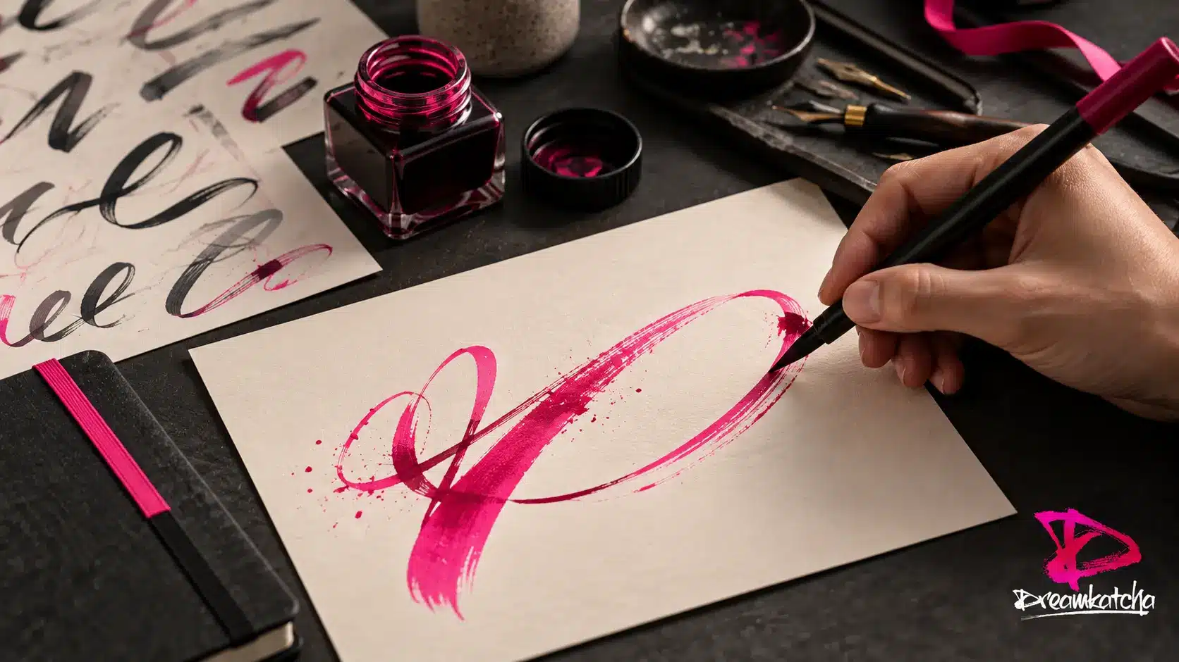 Brush pens, ink and lettering practice sheets on a traditional lettering workbench.