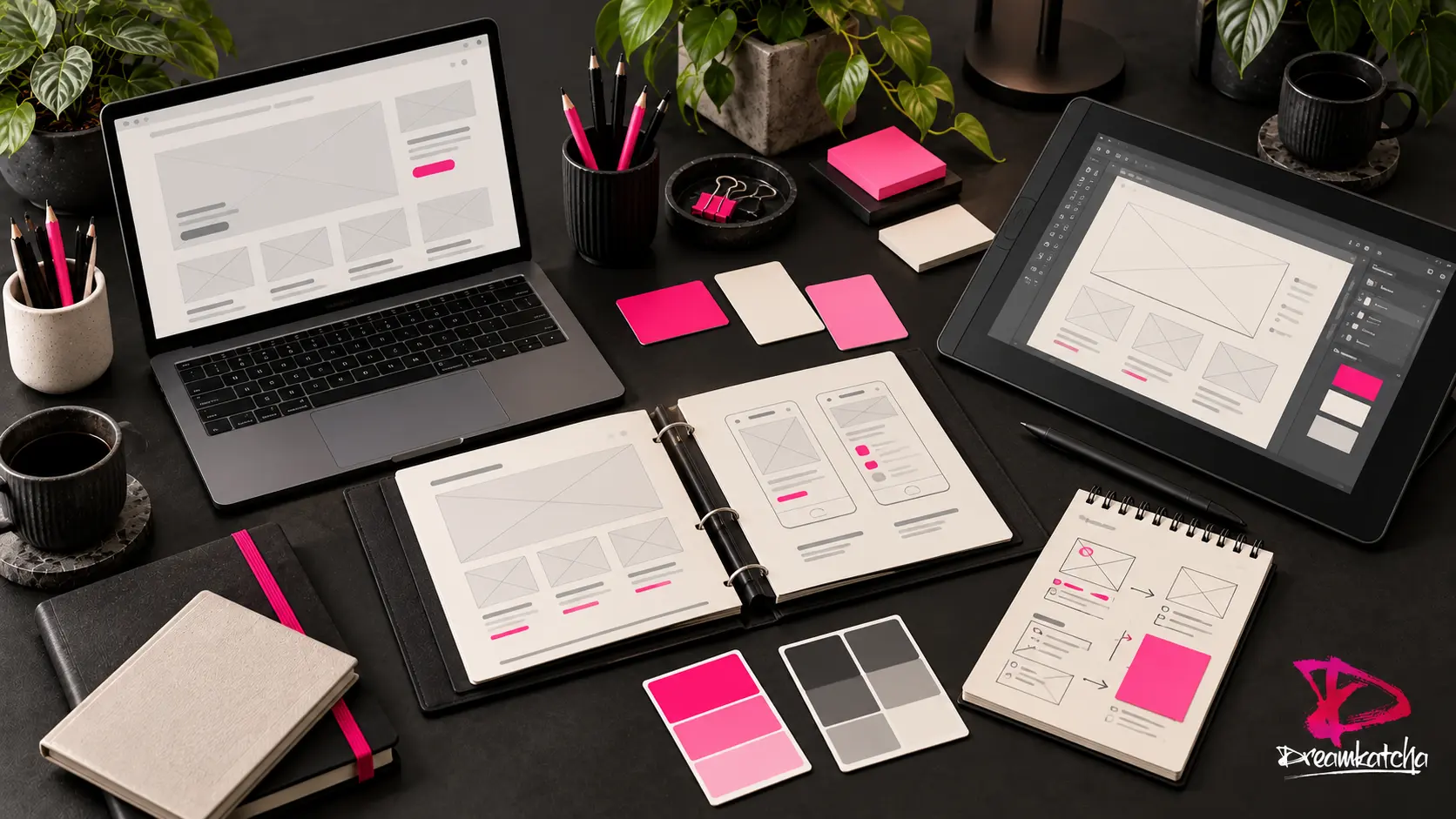 Shared wireframes and brand cards between two design workstations.